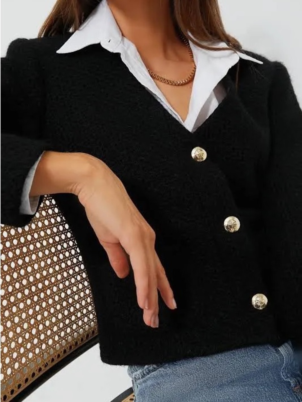 Anine Bing Black Cropped Bouclé Blazer Cardigan Gold Crest Buttons Luxe Knitwear - Picture 4 of 11